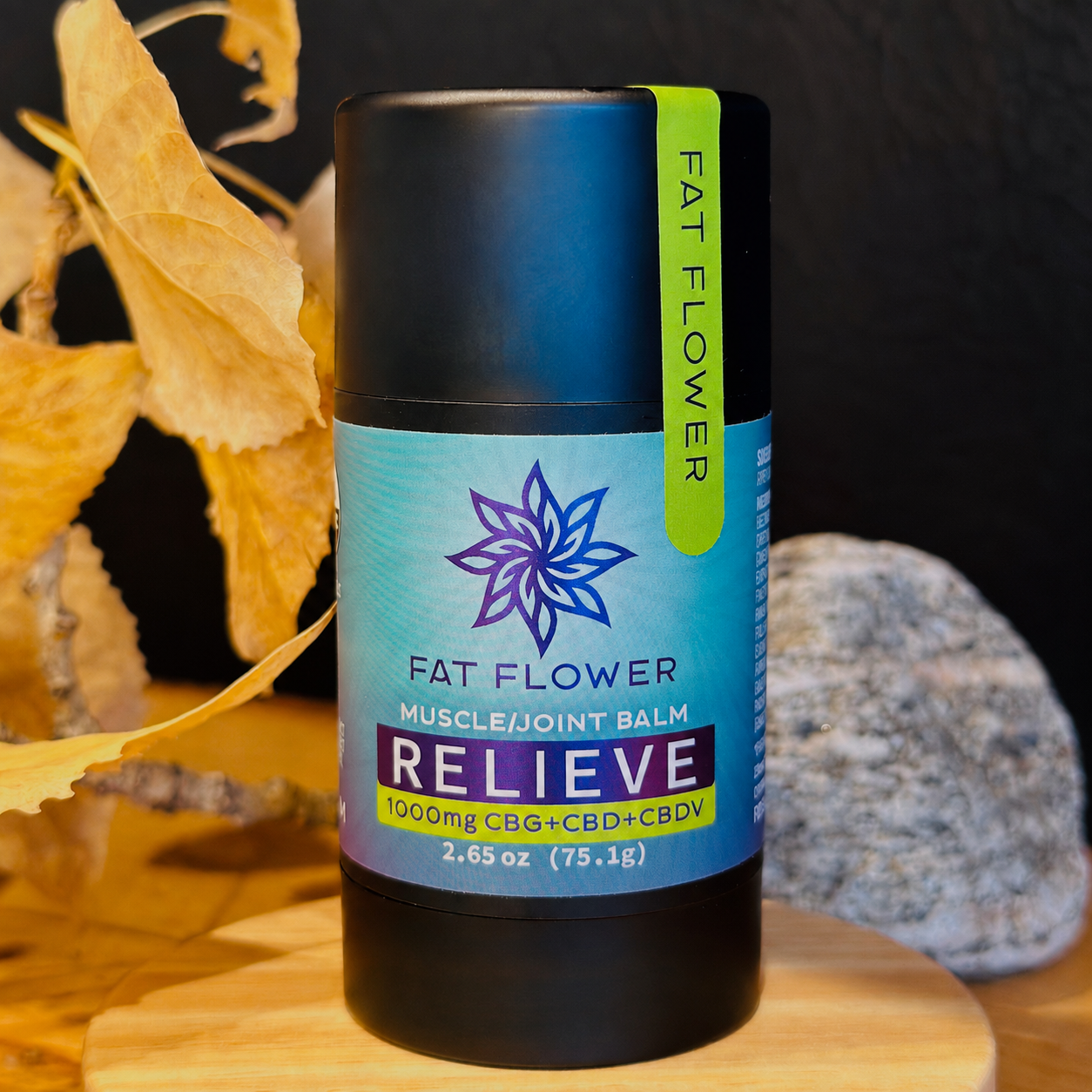Fat Flower Certified Organic Full Spectrum Muscle and Joint Balm with 1000mg of CBG, CBD and CBDV with anti-inflammatory botanicals.