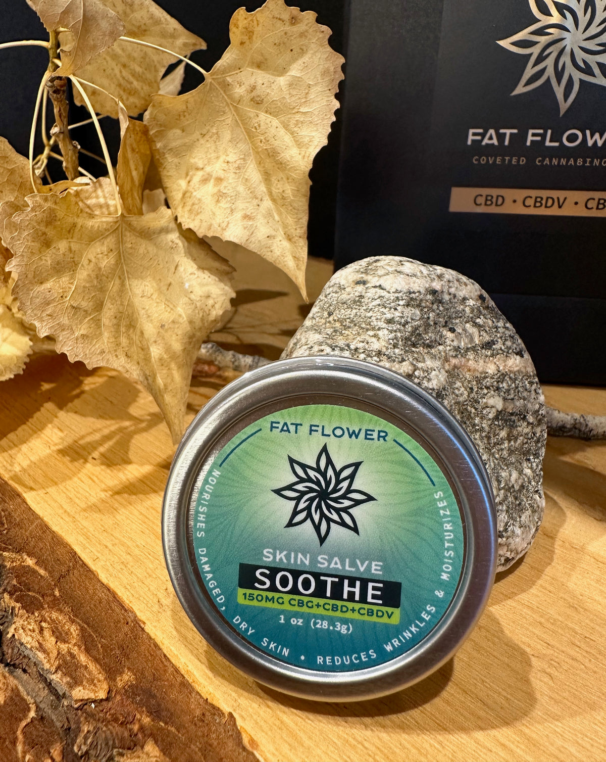 FAT FLOWER Skin Salve with 150mg CBG+CBD+CBDV in a metal 1oz tin.