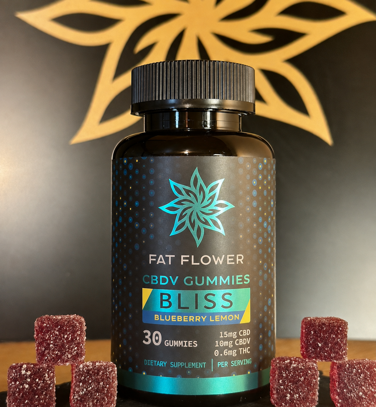 Fat Flower Bliss vegan CBDV gummies for inflammation with 25mg of CBD+CBDV and 200mg elderberry in 30-count bottle.