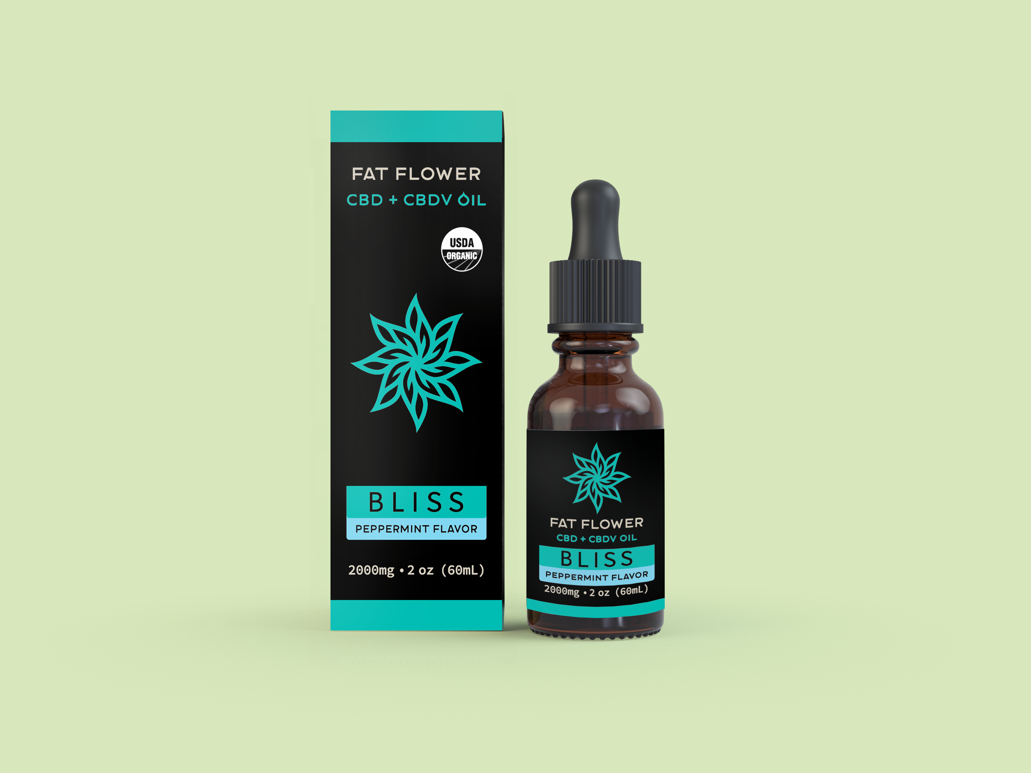 Fat Flower CBD + CBDV oil bottle and packaging in Peppermint Flavor 2000mg