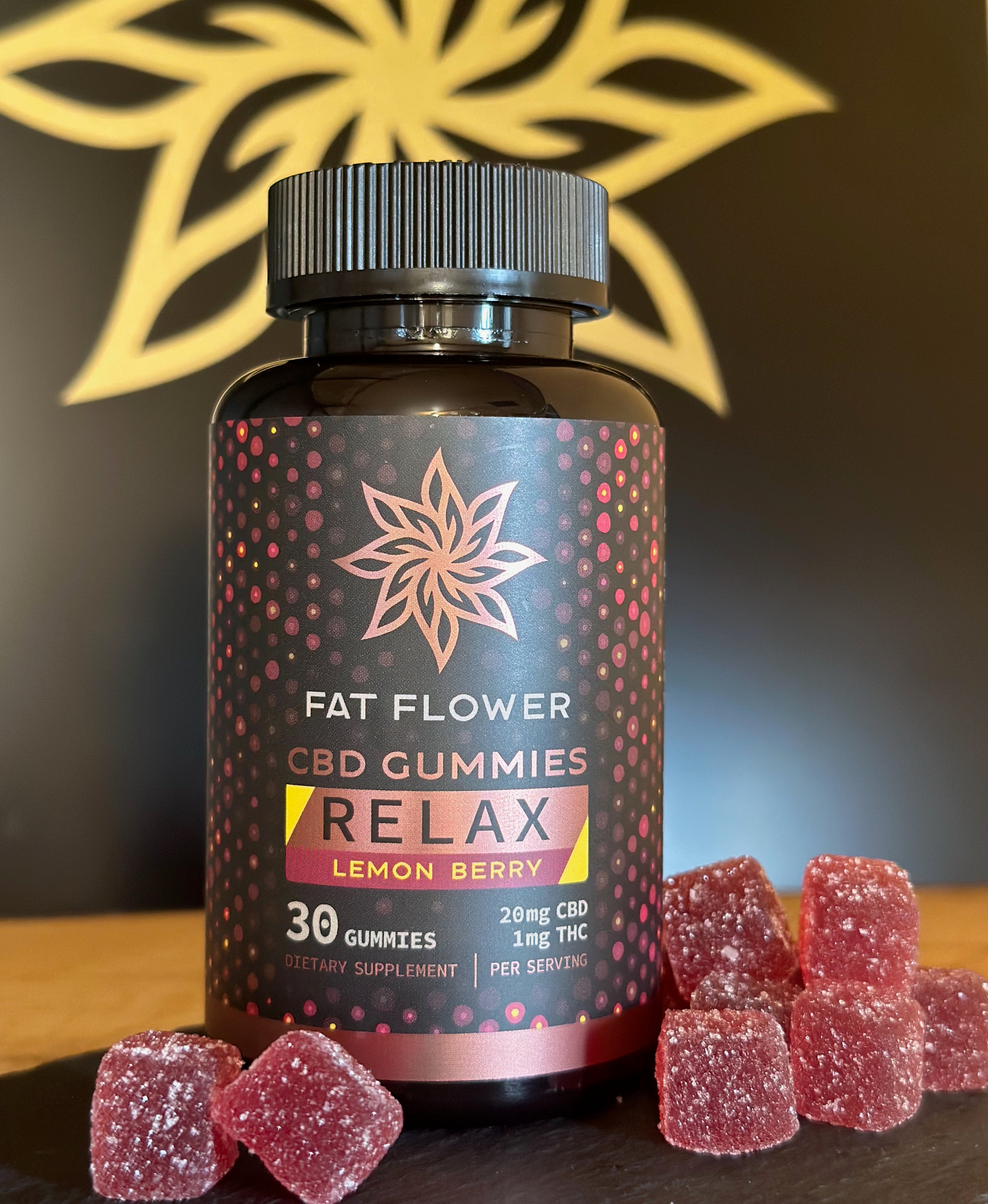 Fat Flower Relax vegan CBD gummies for sleep and anxiety with 20mg of CBD, 1mg THC and 200mg elderberry in 30-count bottle.