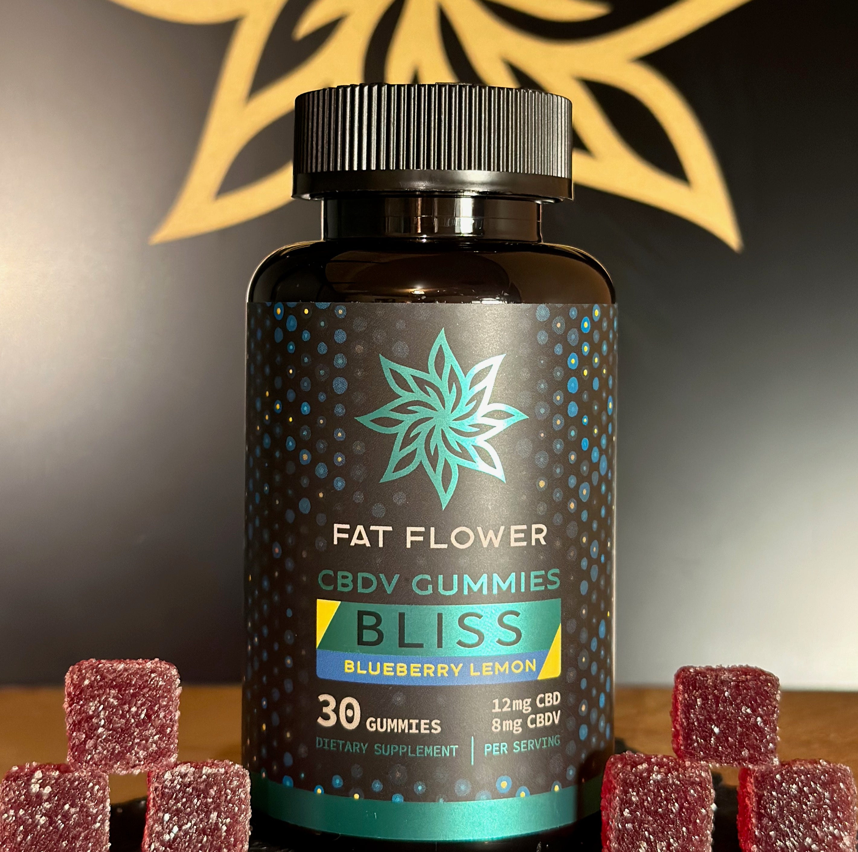 Fat Flower Bliss vegan CBDV gummies for inflammation with 20mg of CBD+CBDV, 0.5mg THC and 200mg elderberry in 30-count bottle.