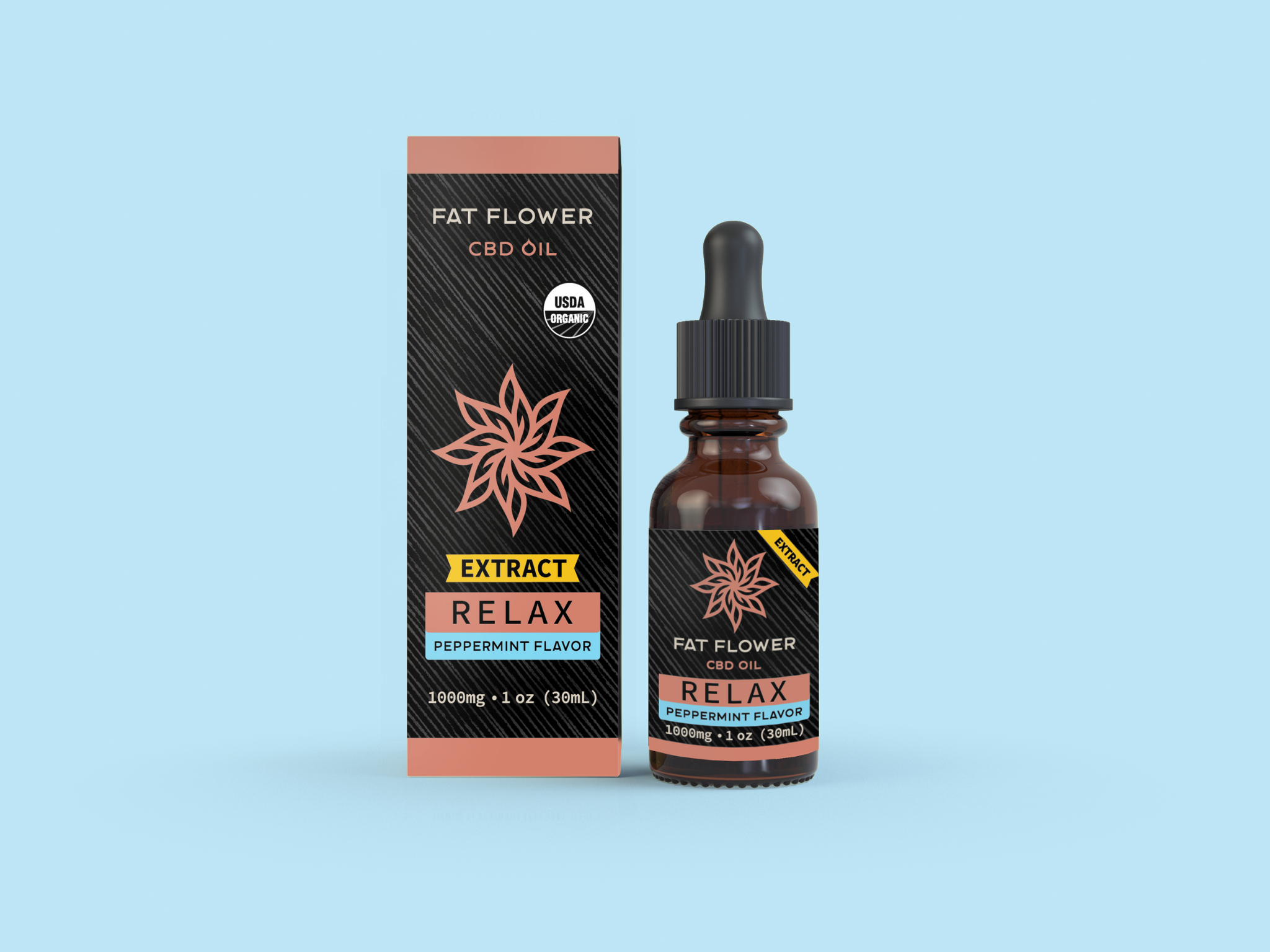 Relax full spectrum extract certified organic CBD 1000mg peppermint flavor oil for anxiety relief and help with sleep. Contains less than 0.3% THC.
