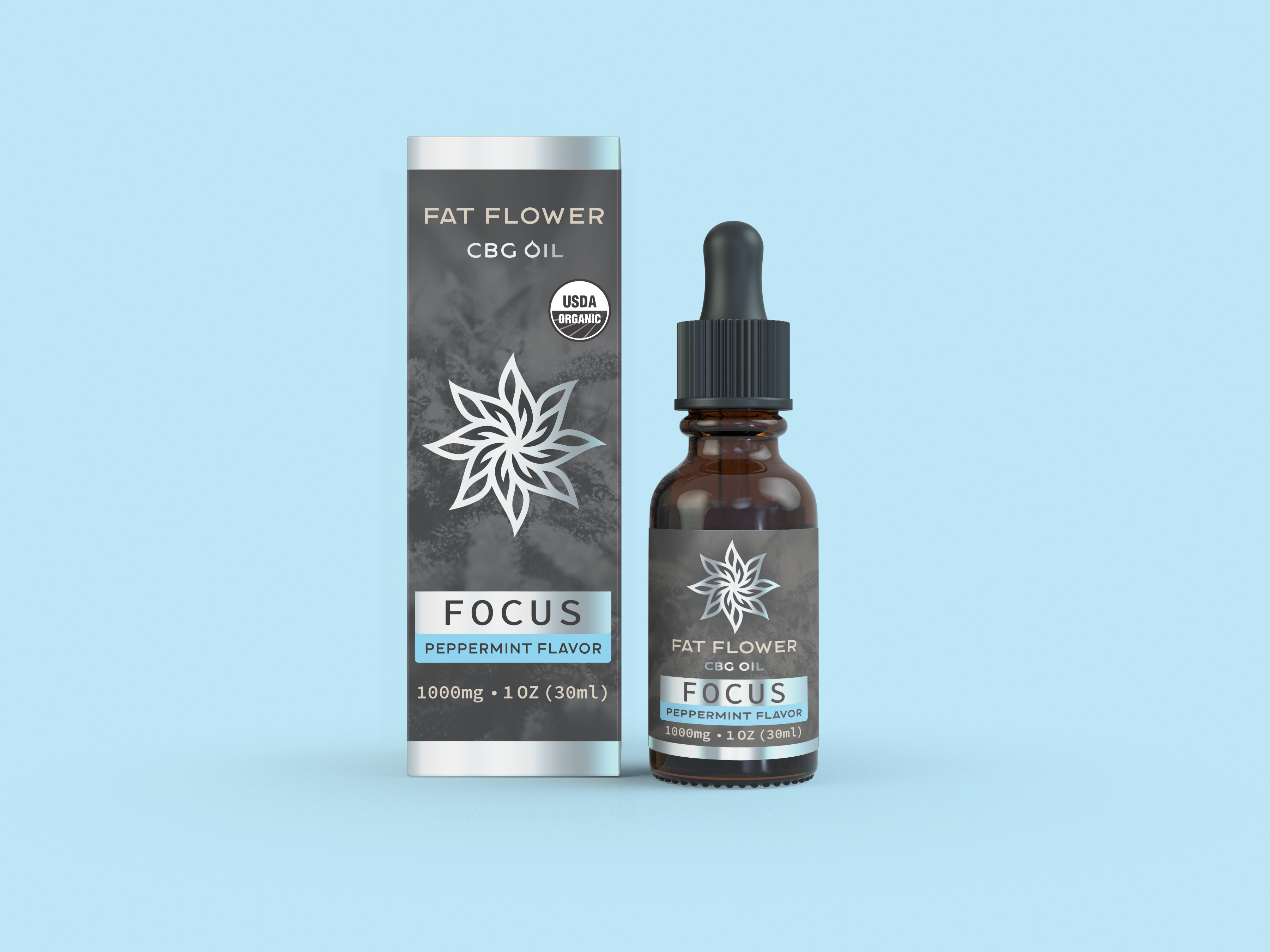 Fat Flower Focus full spectrum organic CBG oil peppermint flavor for cognitive focus and anxiety relief with non-detect THC.