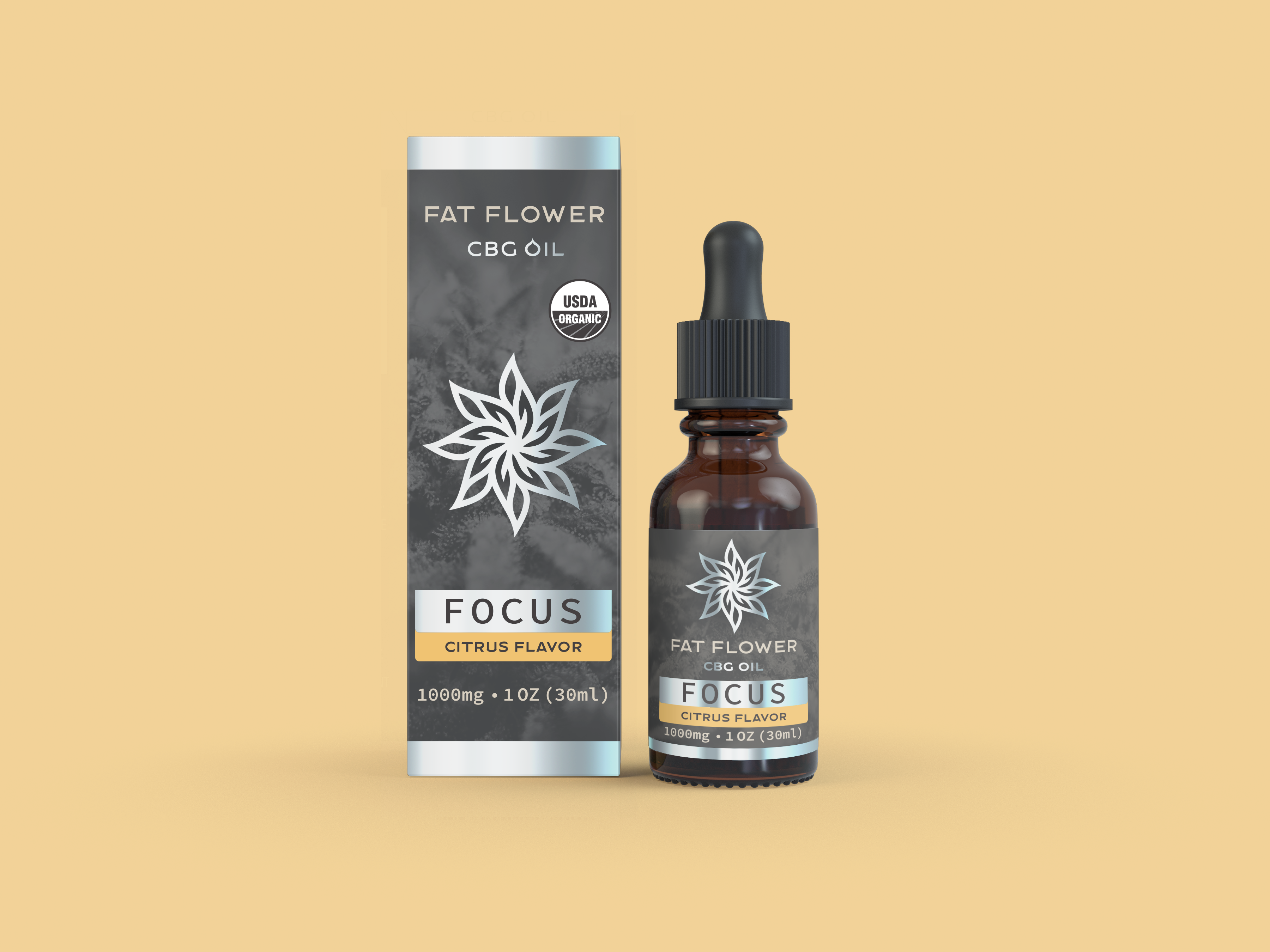 Fat Flower Focus full spectrum organic CBG oil citrus flavor for cognitive clarity and stress relief with non-detect THC.