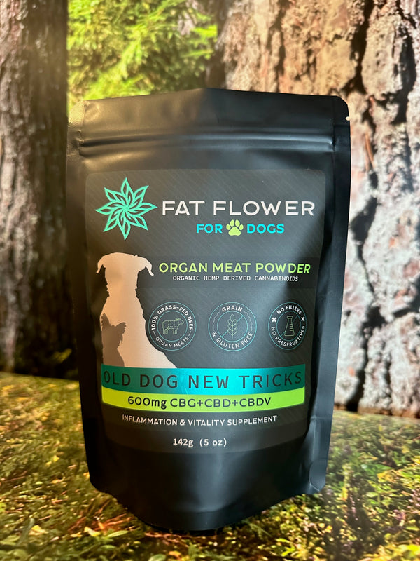 Inflammation support for older pets with CBD, CBDV and CBG. 100% grass fed beef organ meats, bone broth, shiitake mushroom.