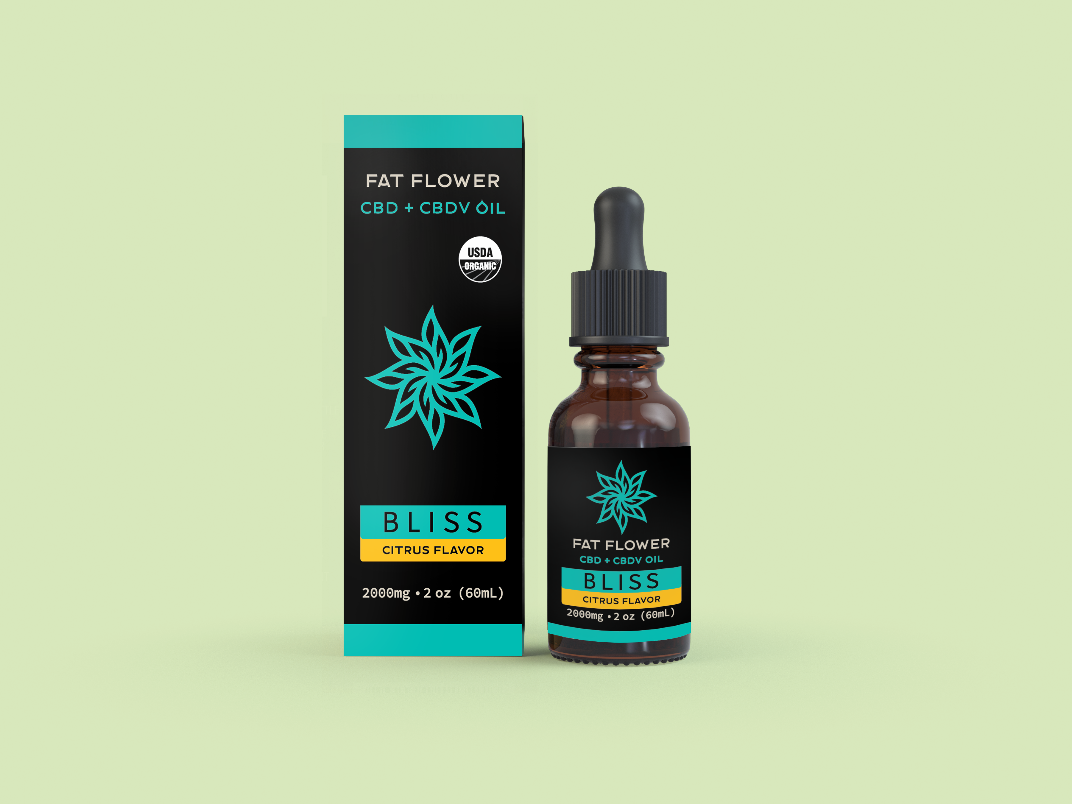 Fat Flower Bliss CBD + CBDV distillate oil Citrus flavor 2000mg 2oz bottle and packaging