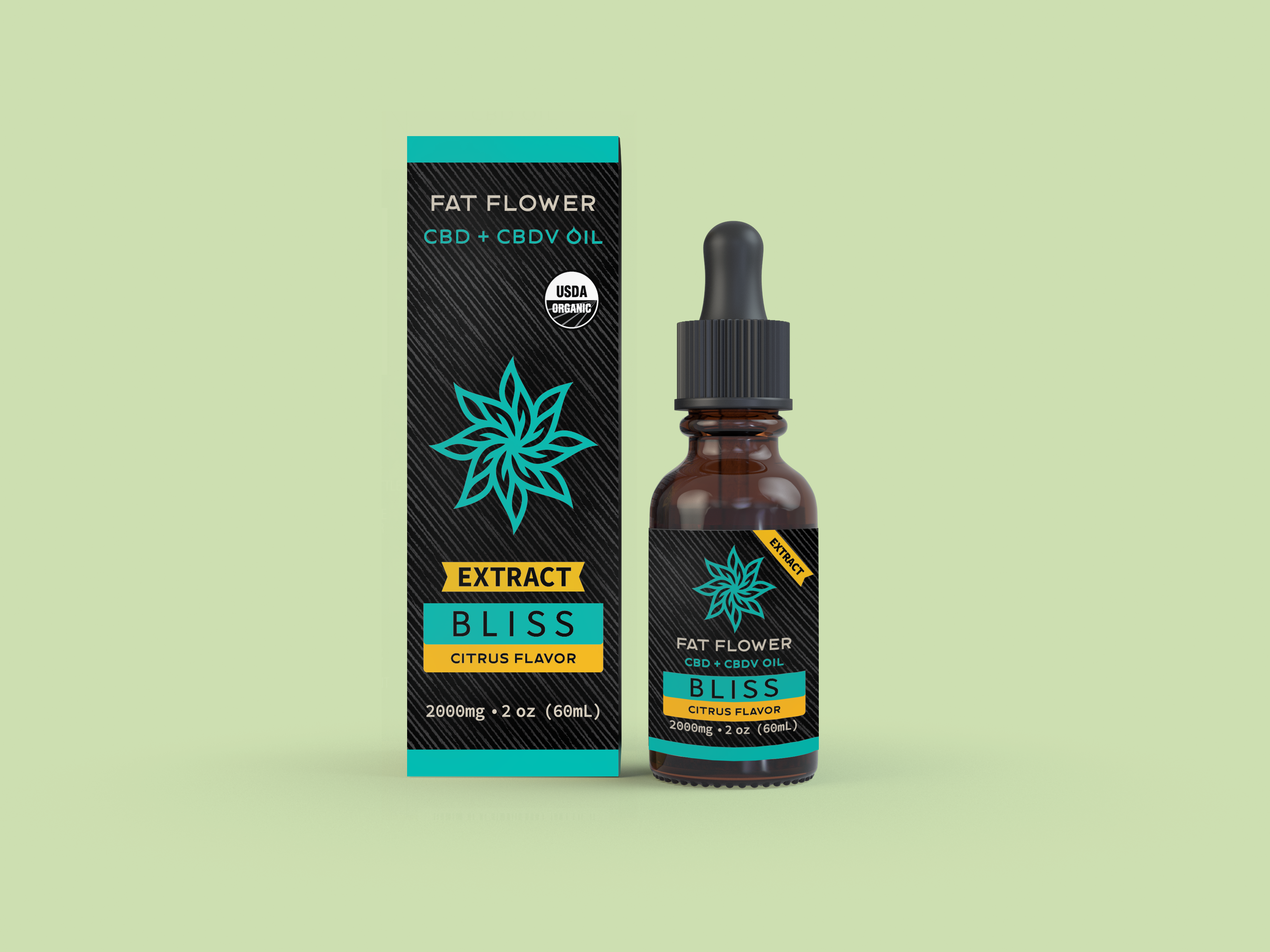 Fat Flower BLISS Extract Citrus flavor 2000mg 2oz bottle and packaging on green background