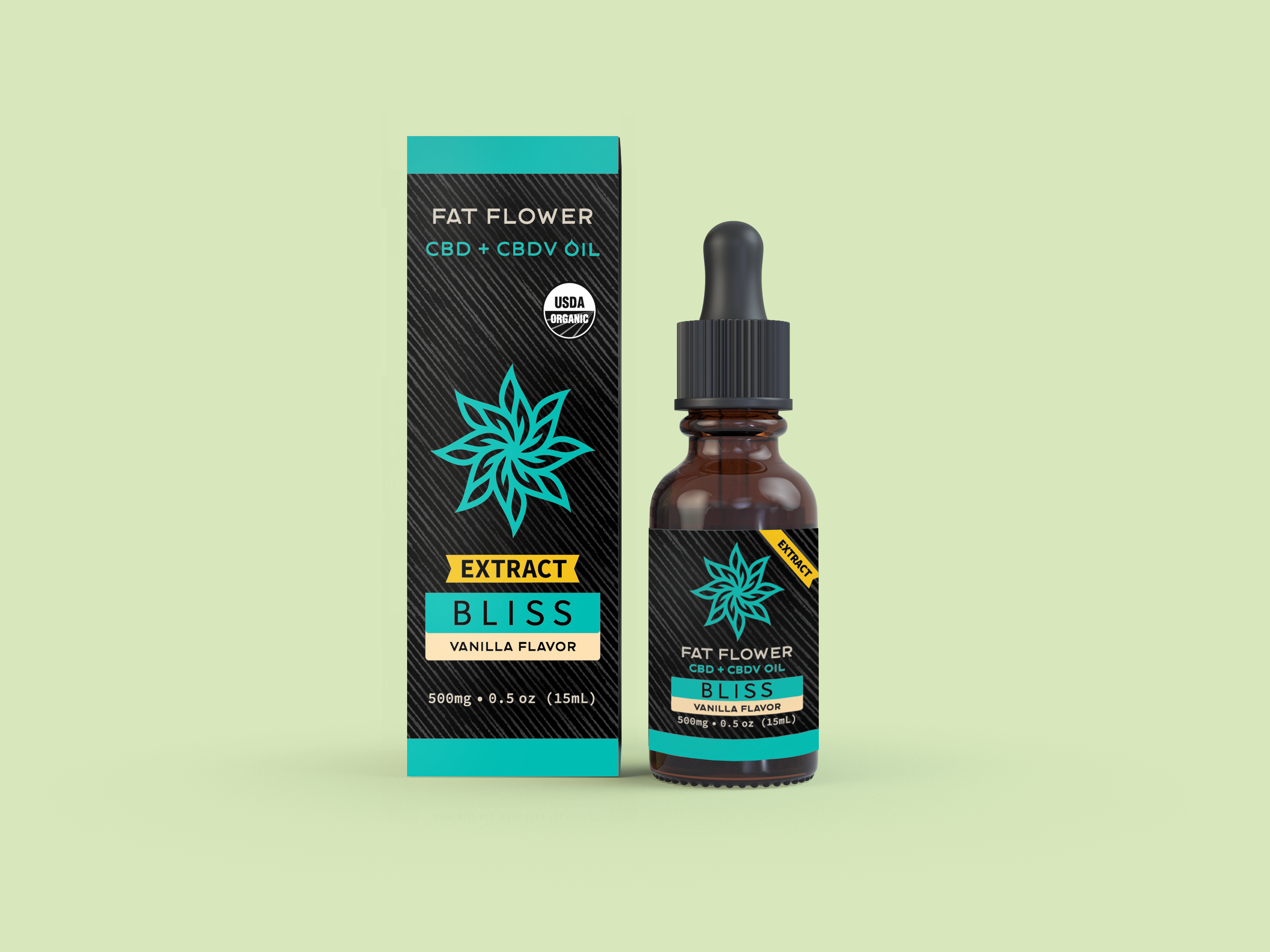 Fat Flower CBDV 500mg Vanilla flavored oil bottle and packaging on a light green background