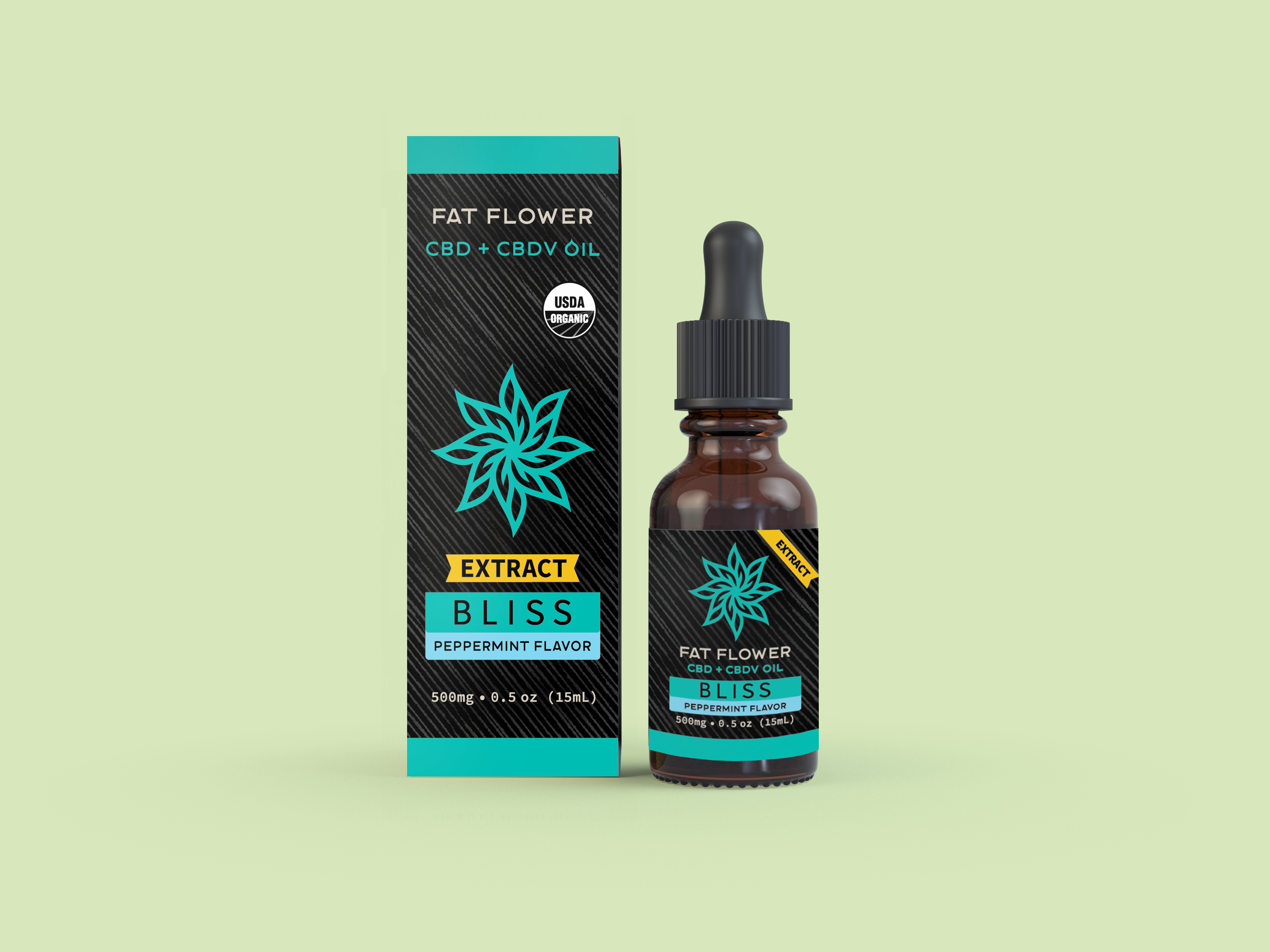 CBDV Extract oil bottle and packaging with 'Fat Flower' branding Peppermint flavor 500mg 