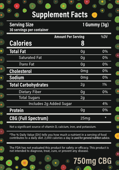 Supplement Facts CBG Gummies 25mg per serving 650mg CBG per bottle