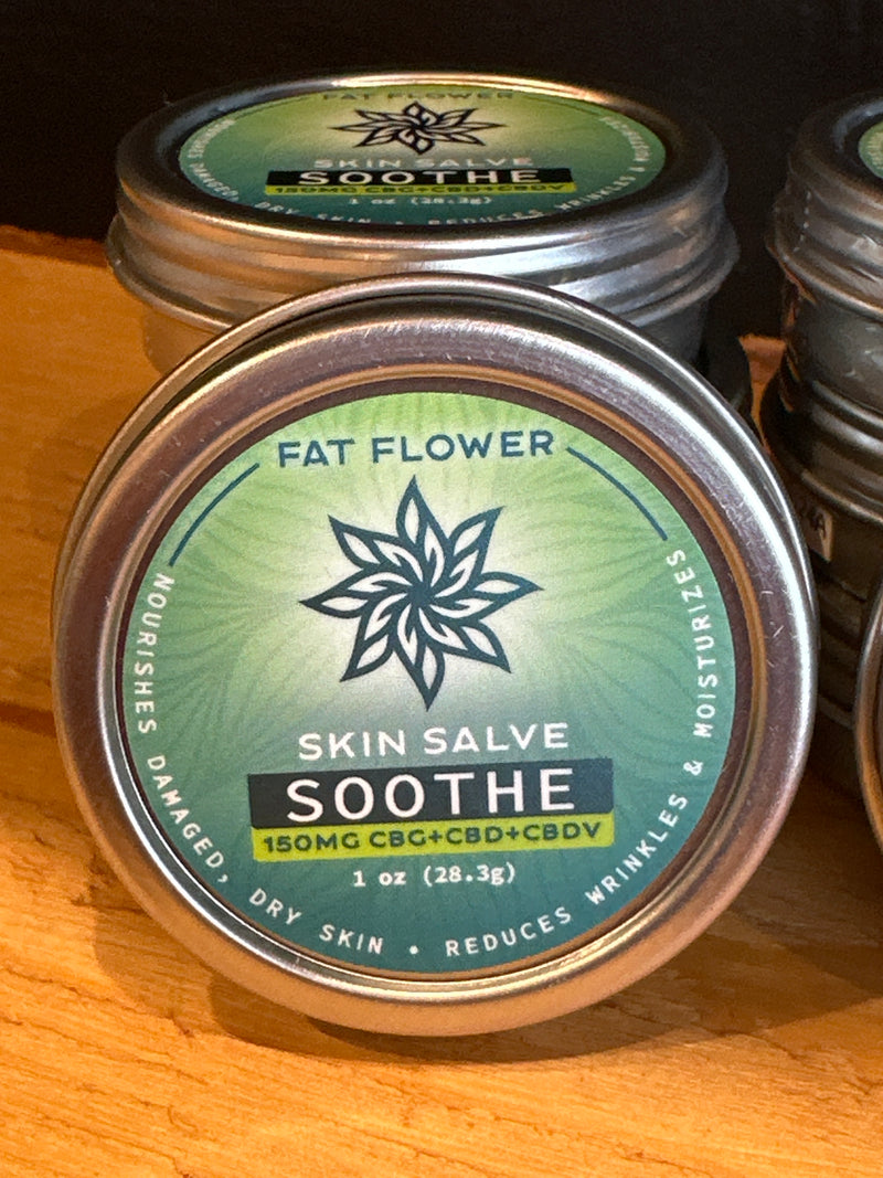 Fat Flower SOOTHE Skin Salve with full spectrum hemp extract containing 150mg CBG+CBD+CBDV to nourish dry skin