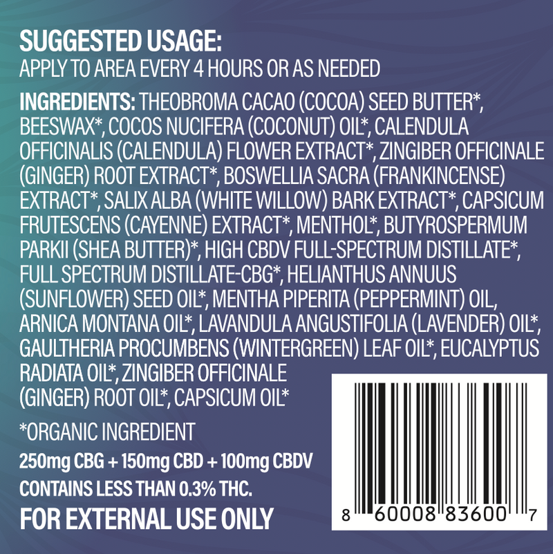 Ingredient list for Fat Flower organic full spectrum Relieve Muscle & Joint Balm with 250mg CBG, 150mg CBD and 100mg CBDV.