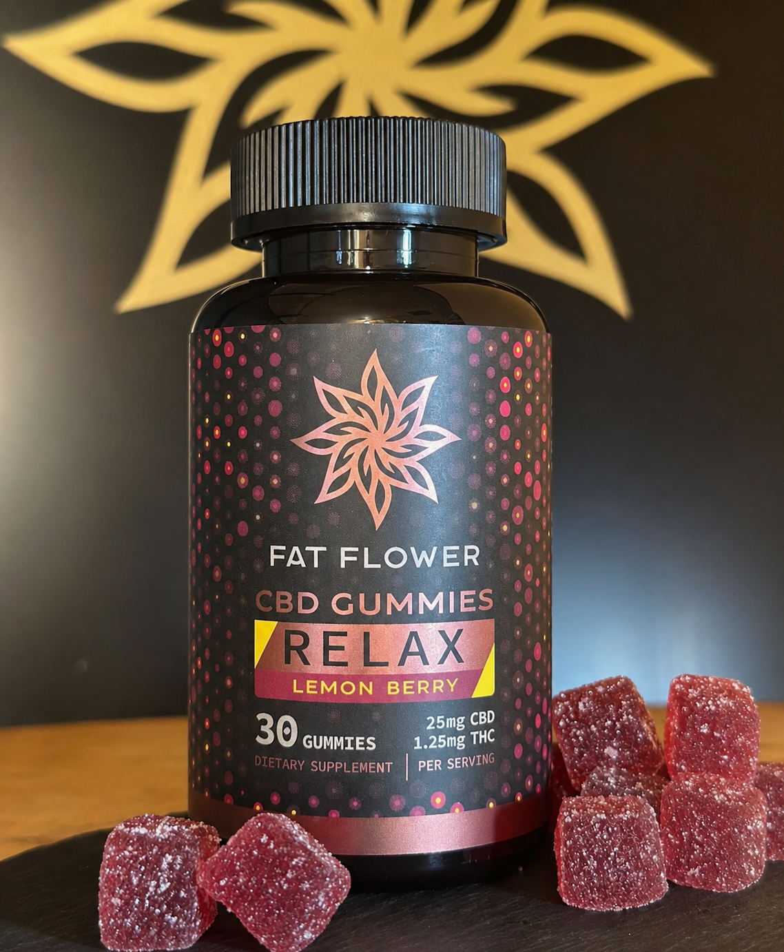 30 Count bottle of Fat Flower CBD Gummies with 25mg of CBD