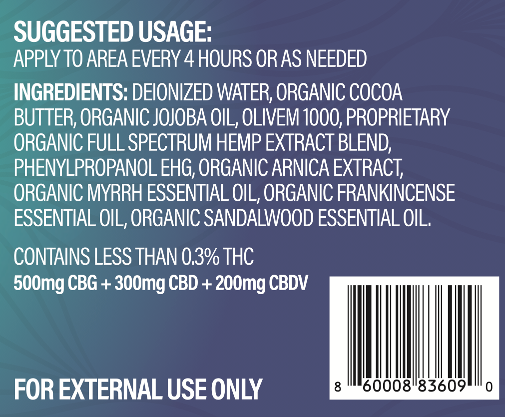 Ingredient list for Fat Flower Relieve hand and joint cream with 500mg CBG, 300mg CGD and 200mg CBDV in sandalwood scent.