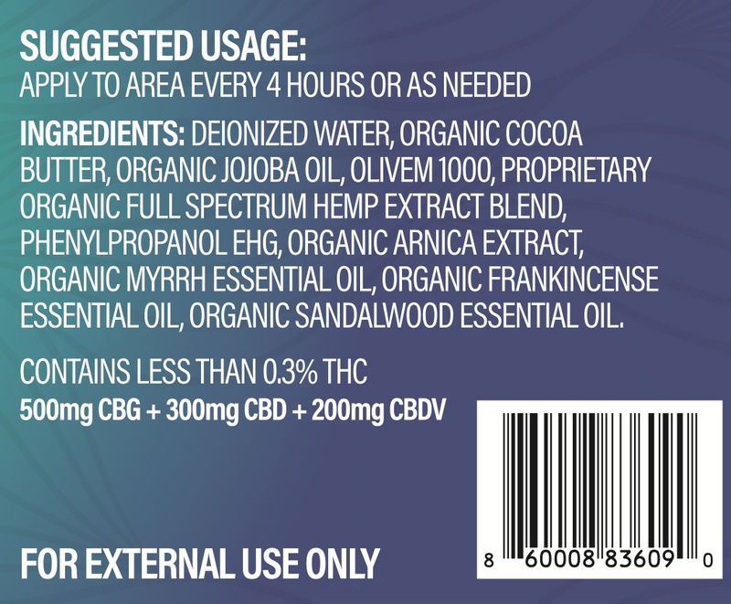 Ingredient list for Fat Flower Relieve hand and joint cream with 500mg CBG, 300mg CGD and 200mg CBDV in sandalwood scent.